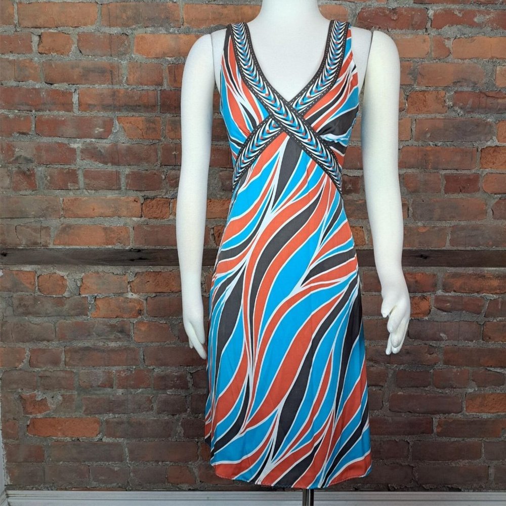 Elle Tahari Slipdress Multi Color Agua Orange Brown Print Summer Sundress Sz 4